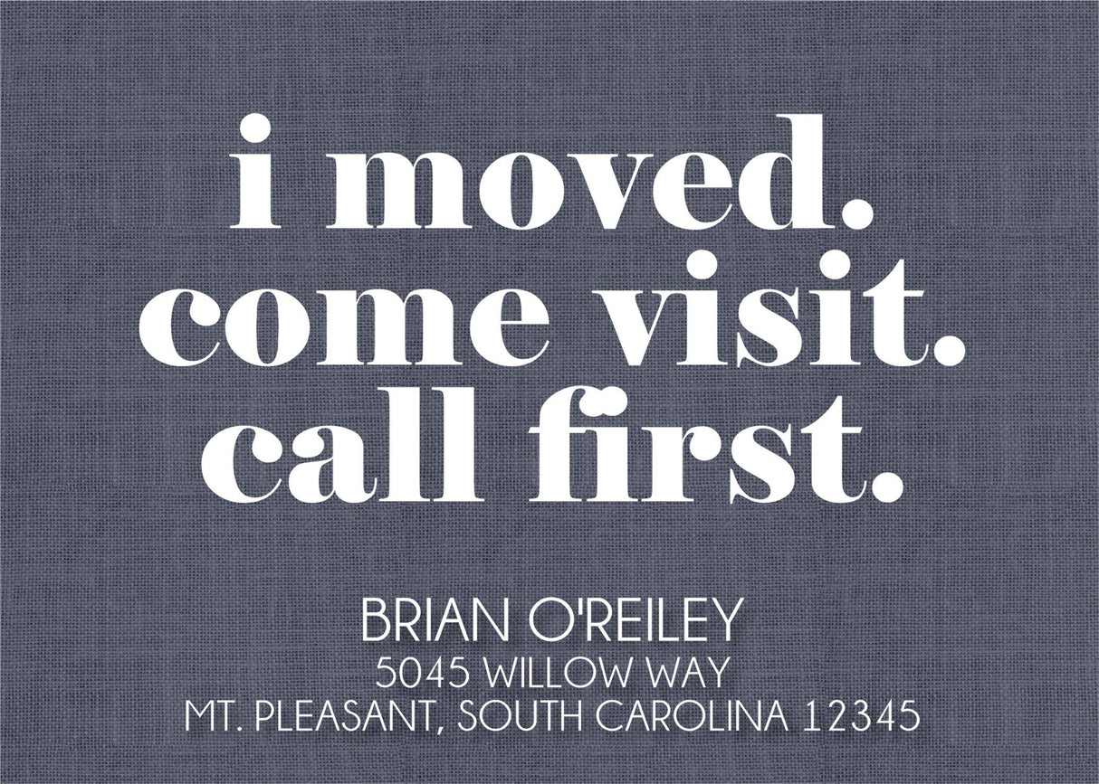 Modern moving announcement card with bold white typography