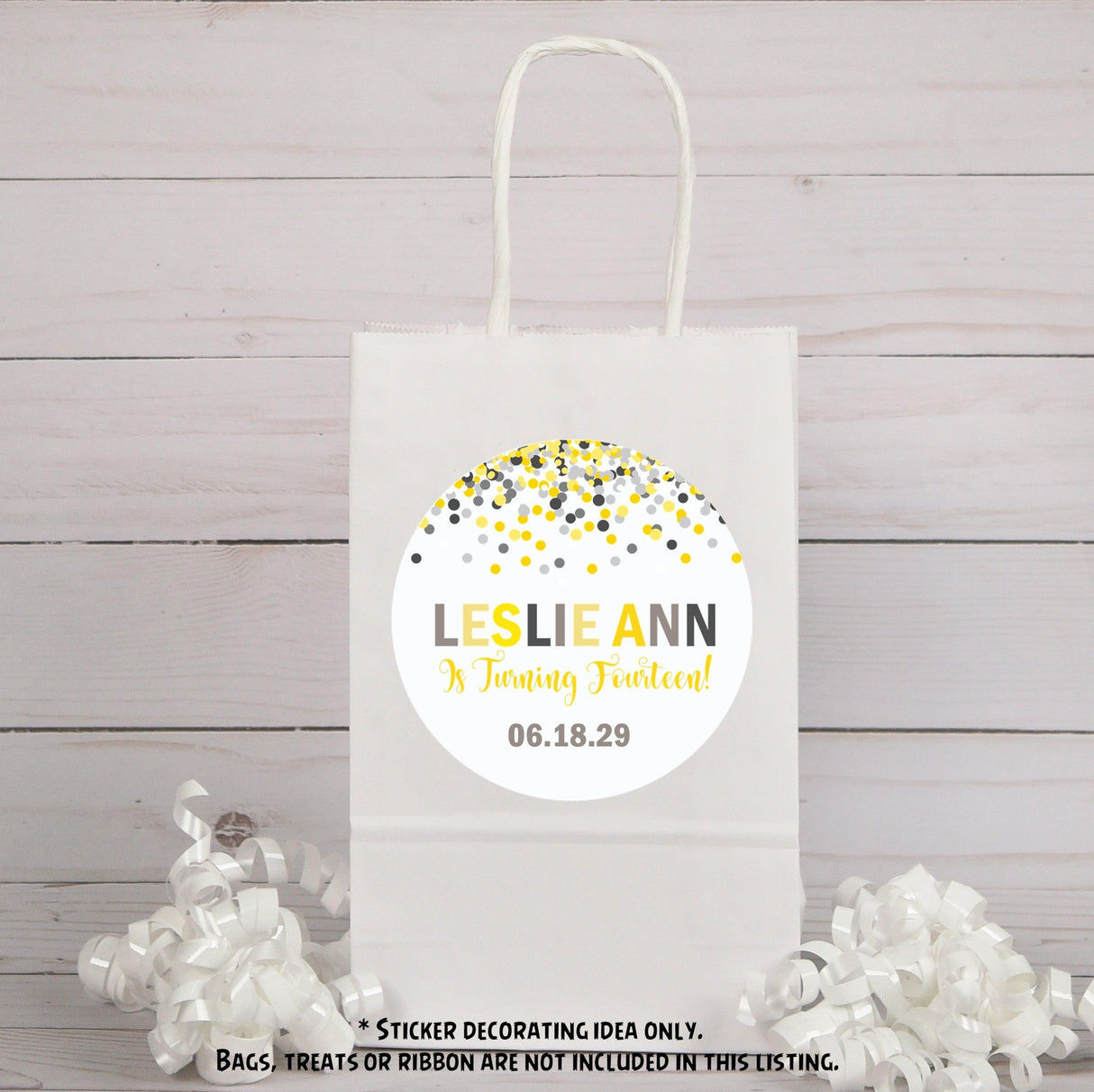 Modern yellow grey confetti favor sticker