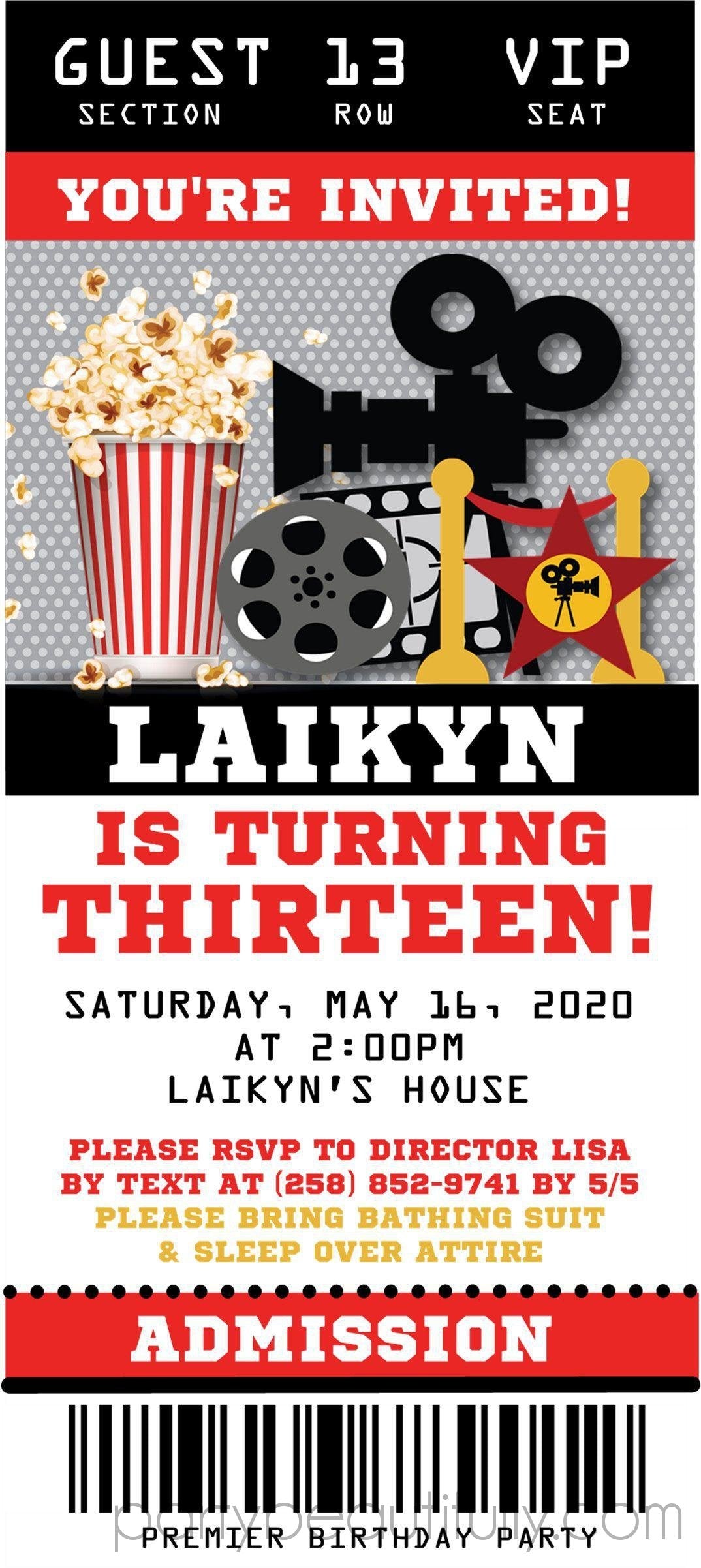 Movie Birthday Party Ticket Invitations