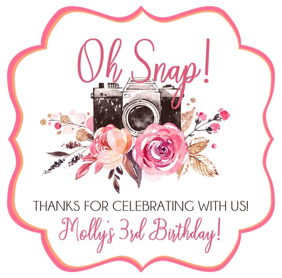 Oh Snap camera birthday sticker with pink florals