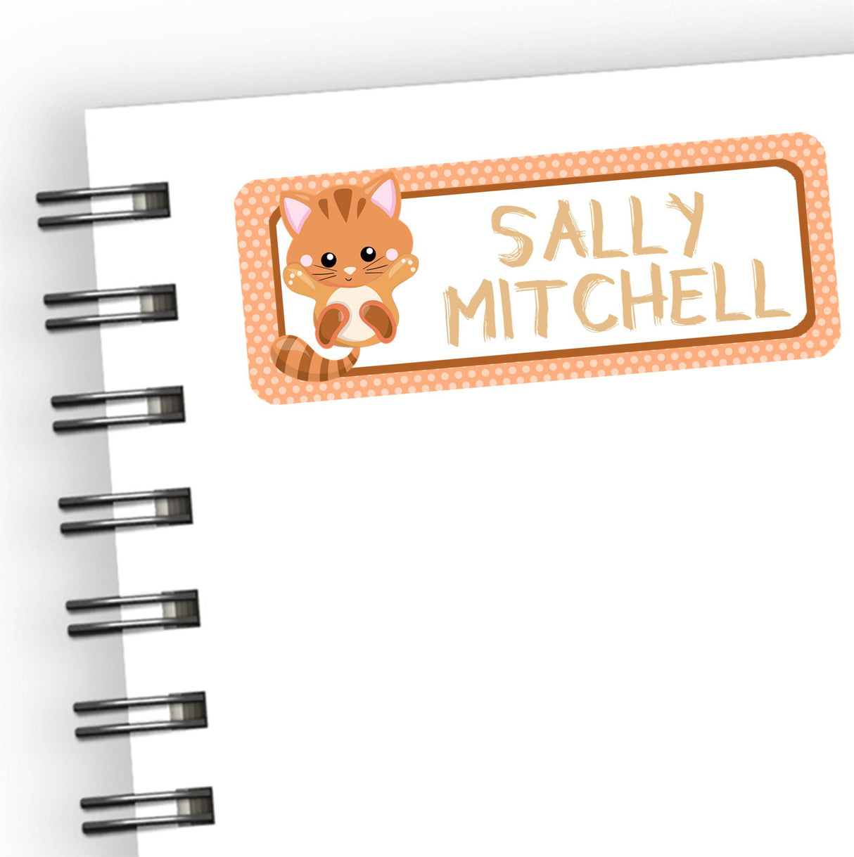 Orange cat back to school name label with tan tones