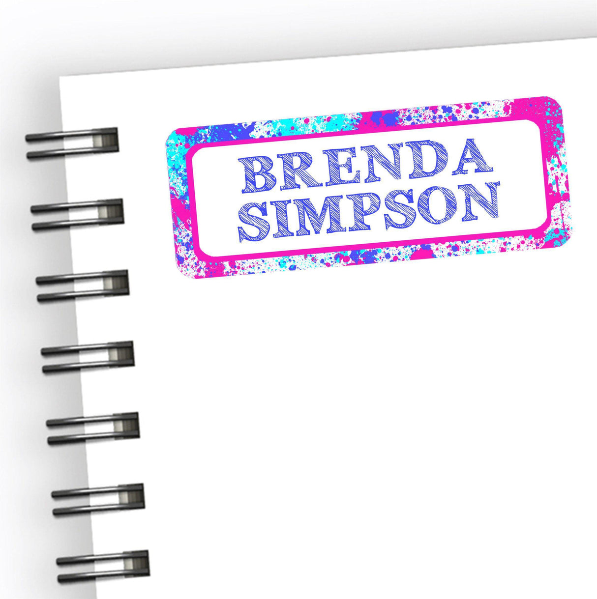 Paint splash back to school name labels with pink and blue splatter