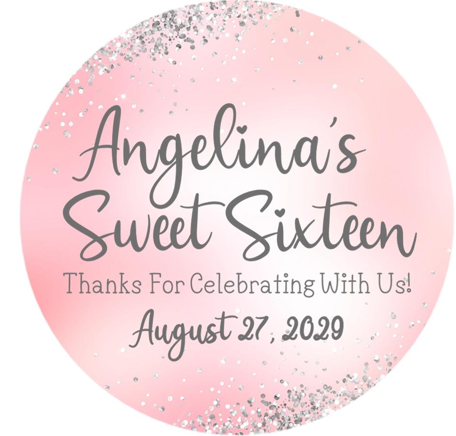Pastel pink Sweet Sixteen sticker with silver sprinkle design