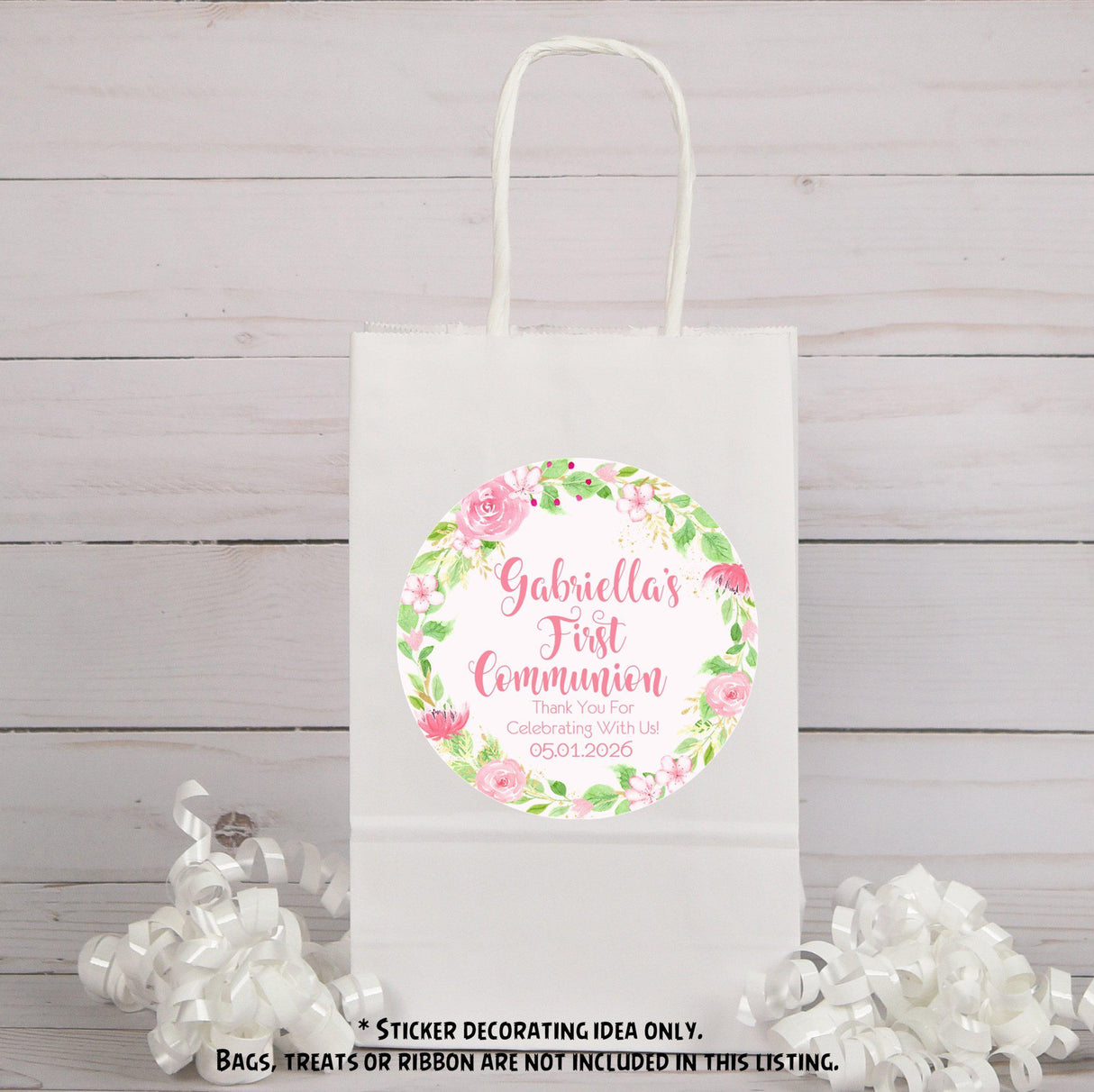 Personalized First Communion sticker with pink and green flowers