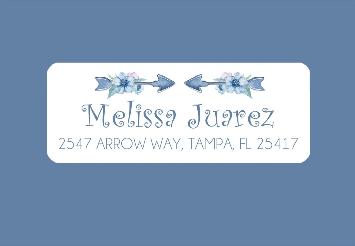 Personalized blue arrow address stickers with tribal design