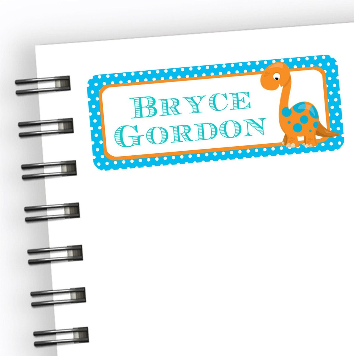 Personalized dinosaur school supply label featuring colorful dinosaur design