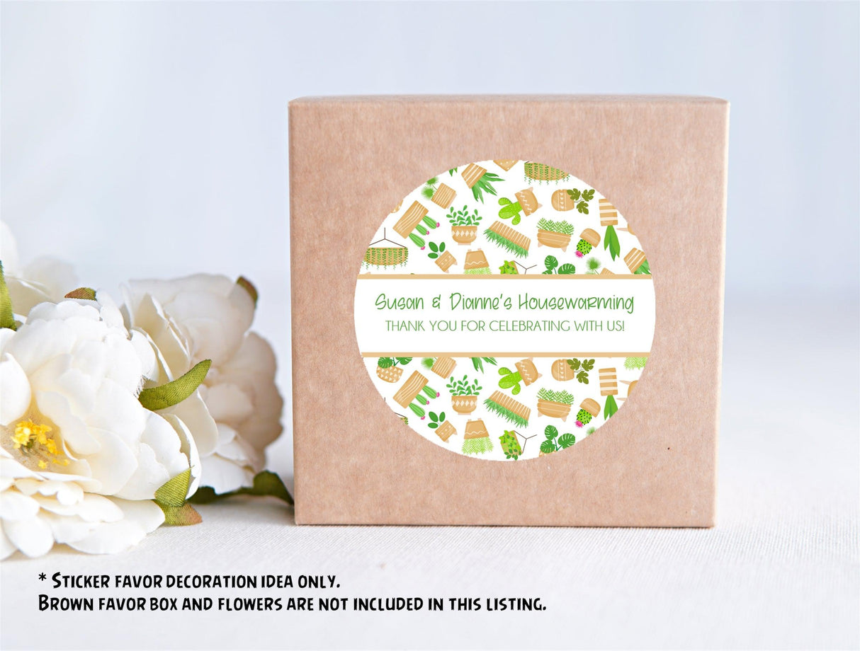 Housewarming sticker on favor bag – modern beige and green design
