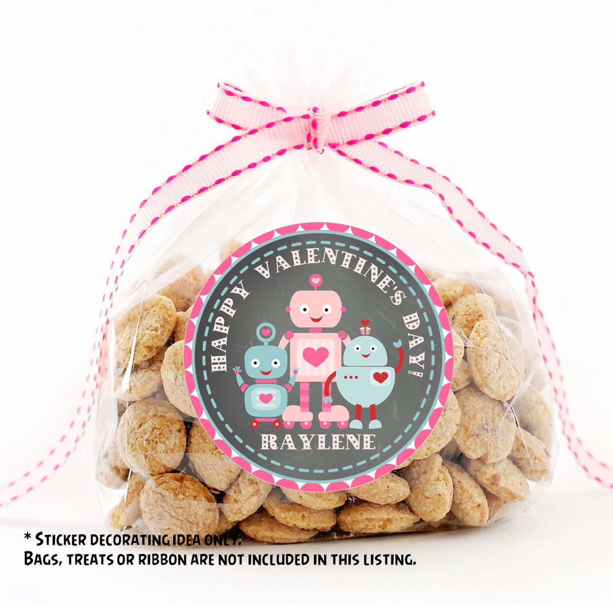 Personalized robot classroom Valentine sticker for school treat bags and party favors