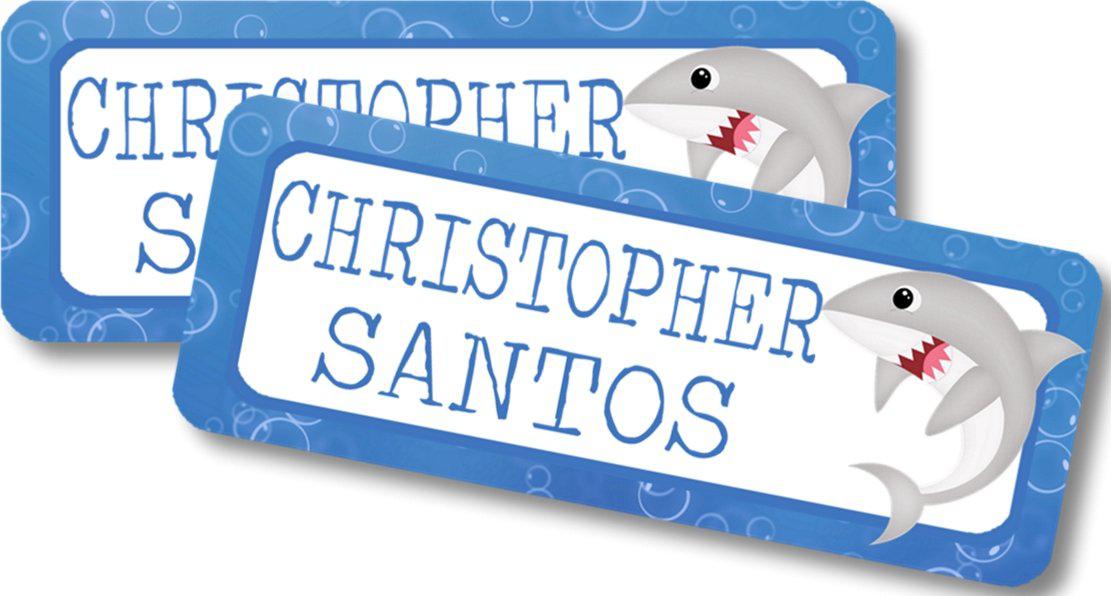 Personalized shark name label for school supplies