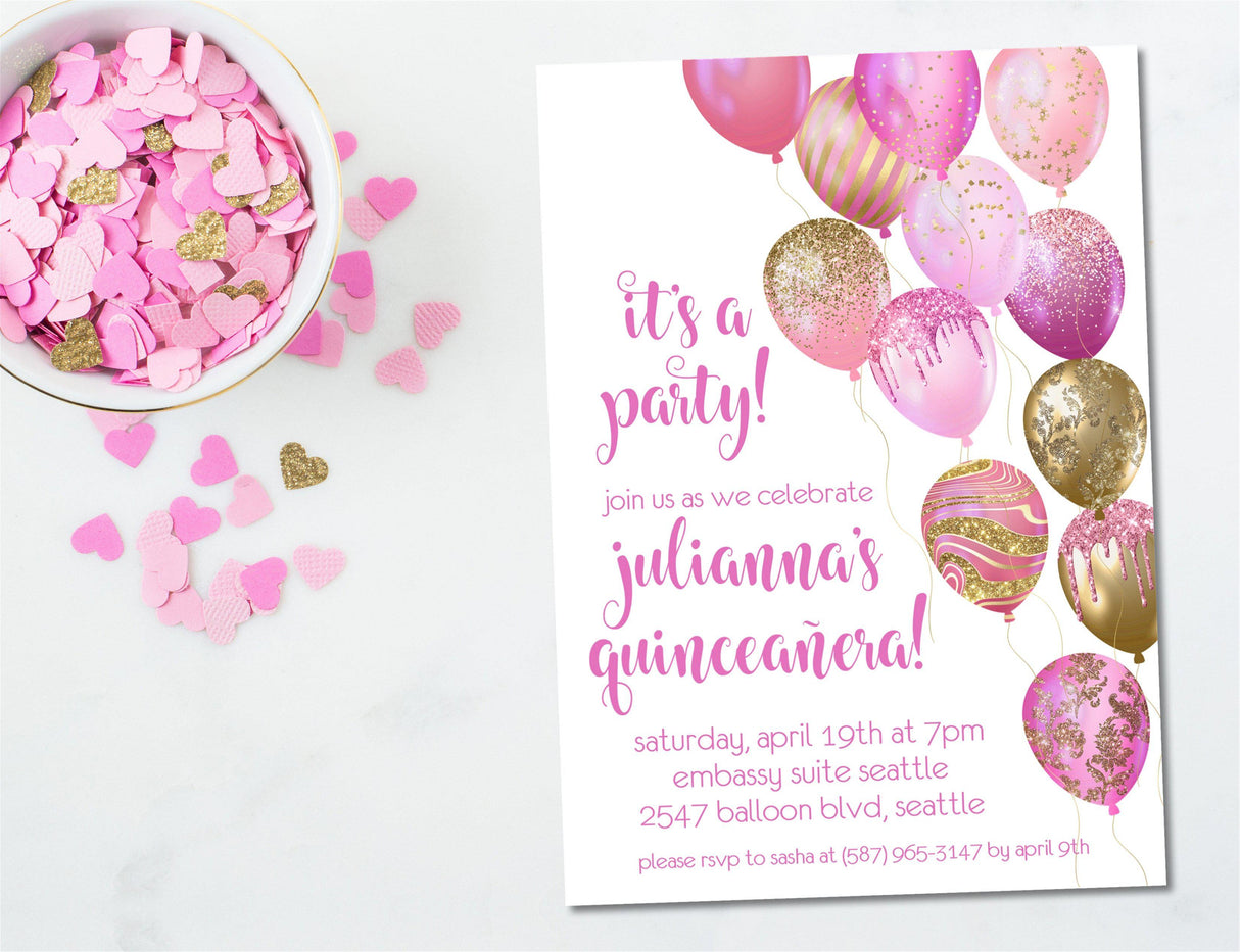 Pink And Gold Balloon Quinceanera Invitations