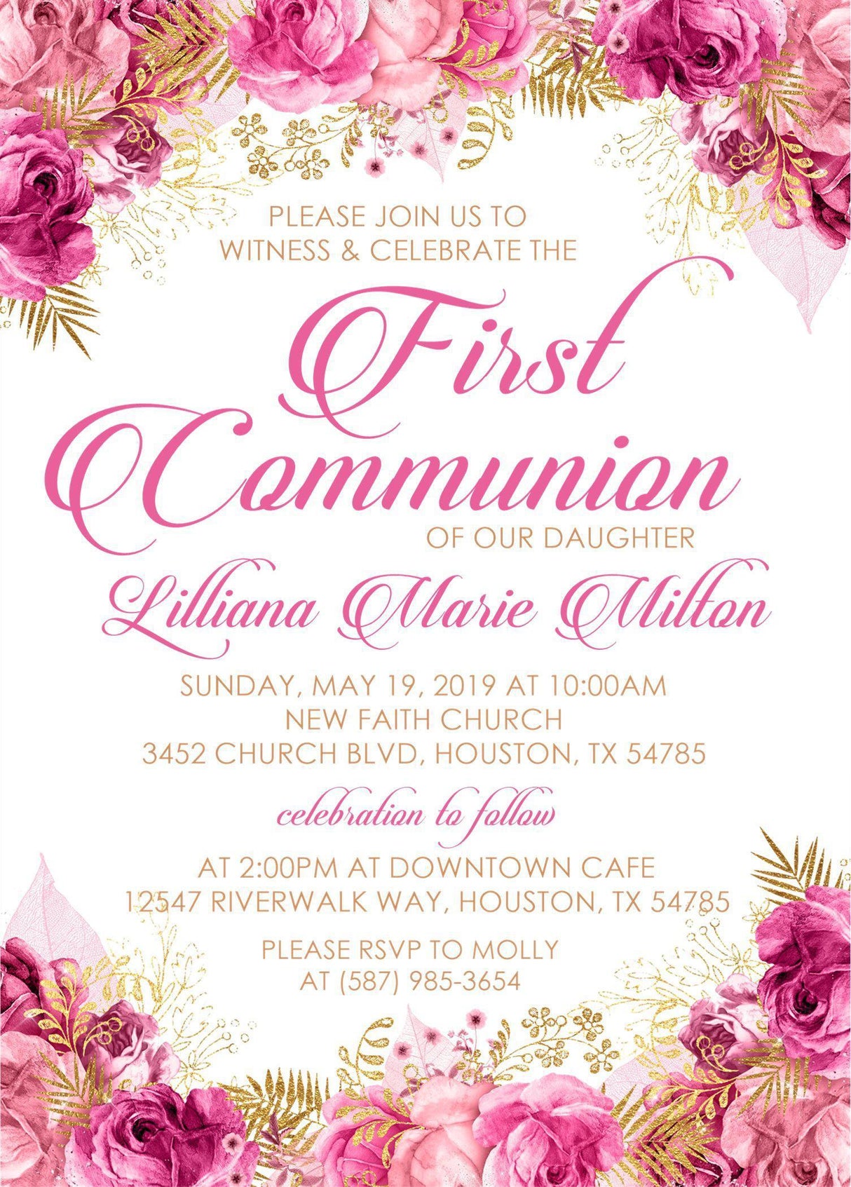 Pink And Gold First Communion Invitations