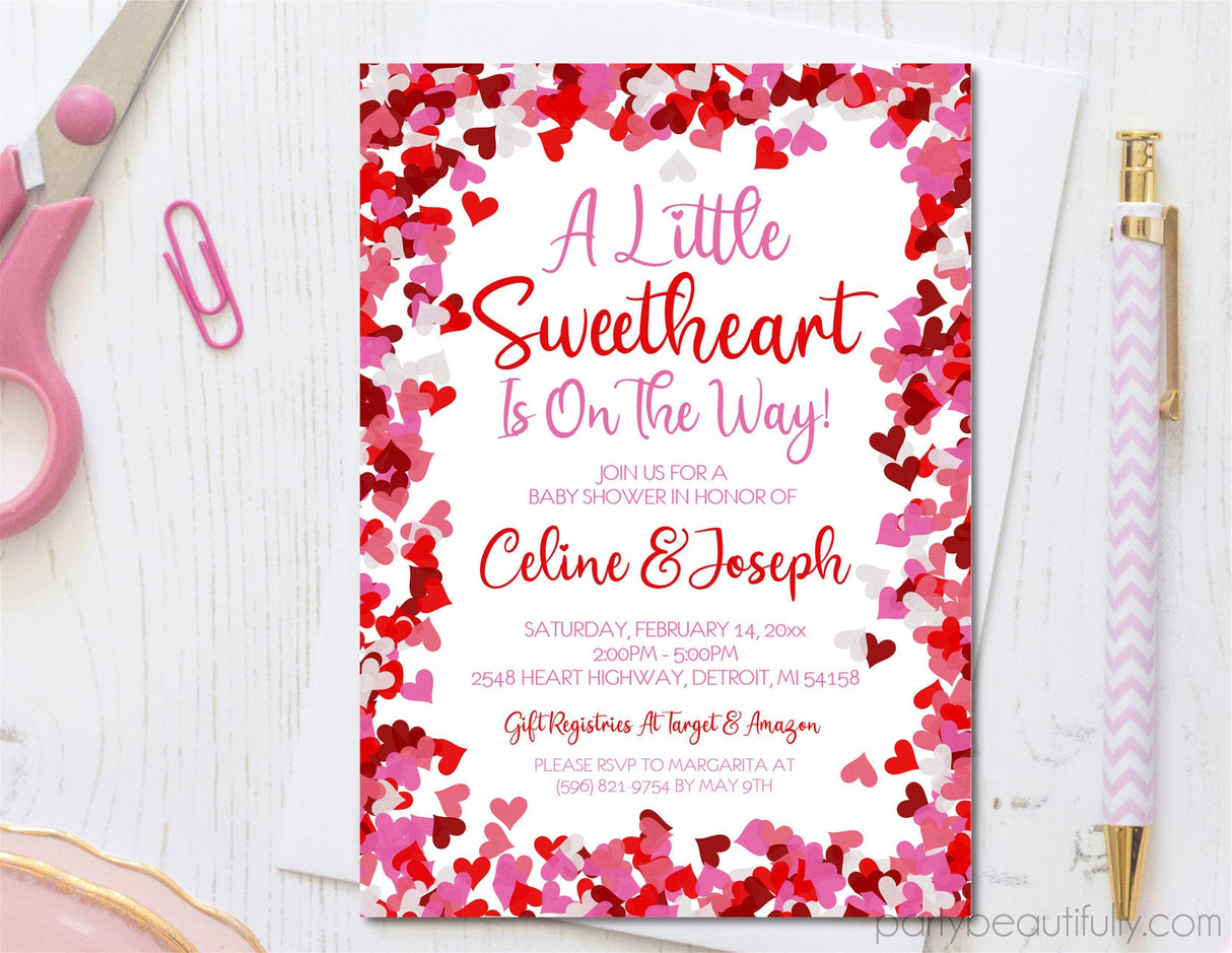 Pink And Red Heart Valentine's Day Baby Shower Invitations