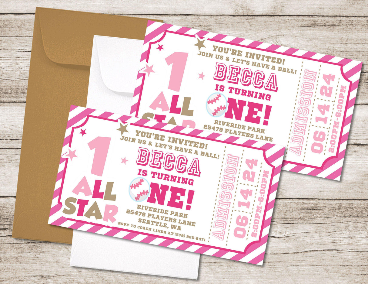 Pink Baseball 1st Birthday Party Ticket Invitations