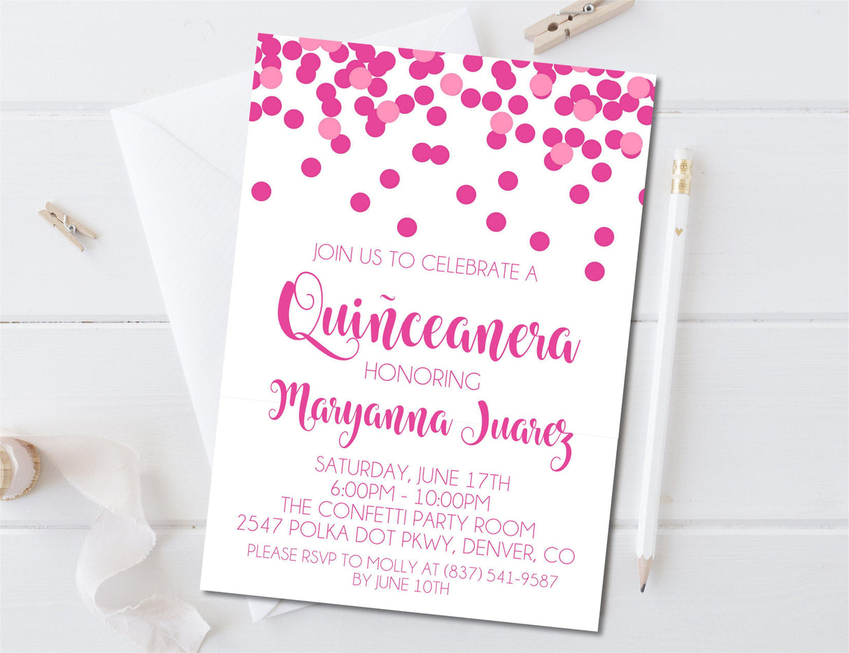 Pink Confetti Quinceanera Invitations