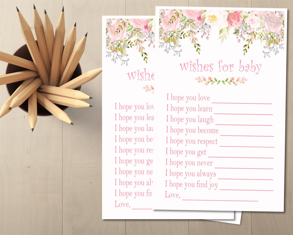 Pink Floral Baby Shower Wish Cards