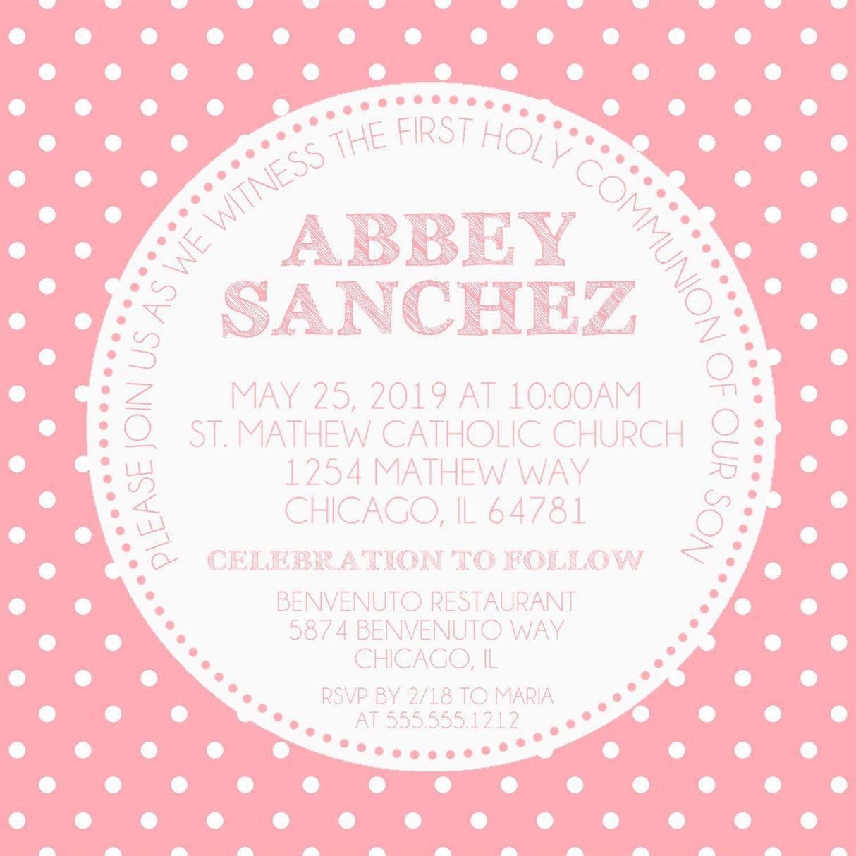 Pink Polka Dot First Communion Invitations