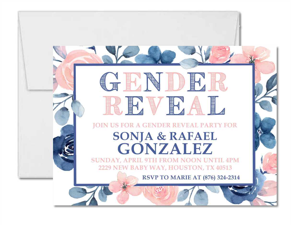 Pink and blue framed gender reveal invitation with watercolor florals