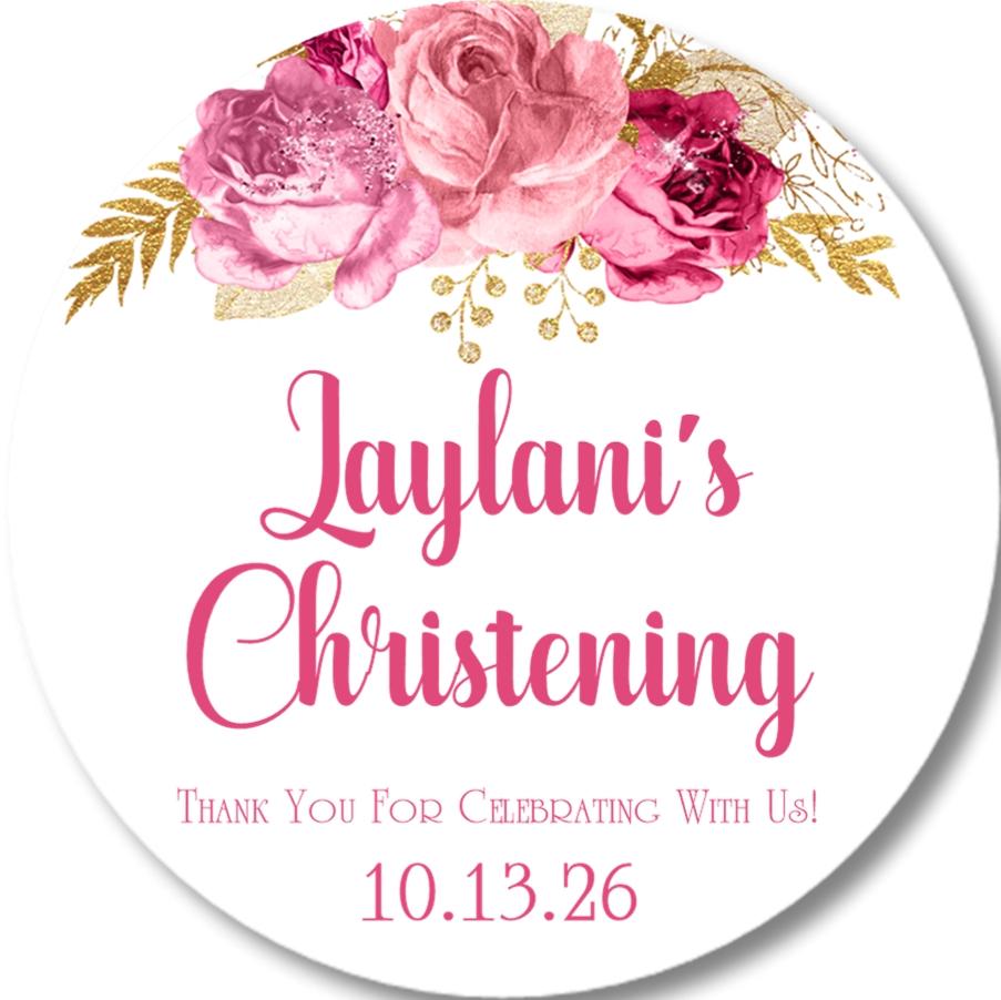 Pink and gold floral christening sticker