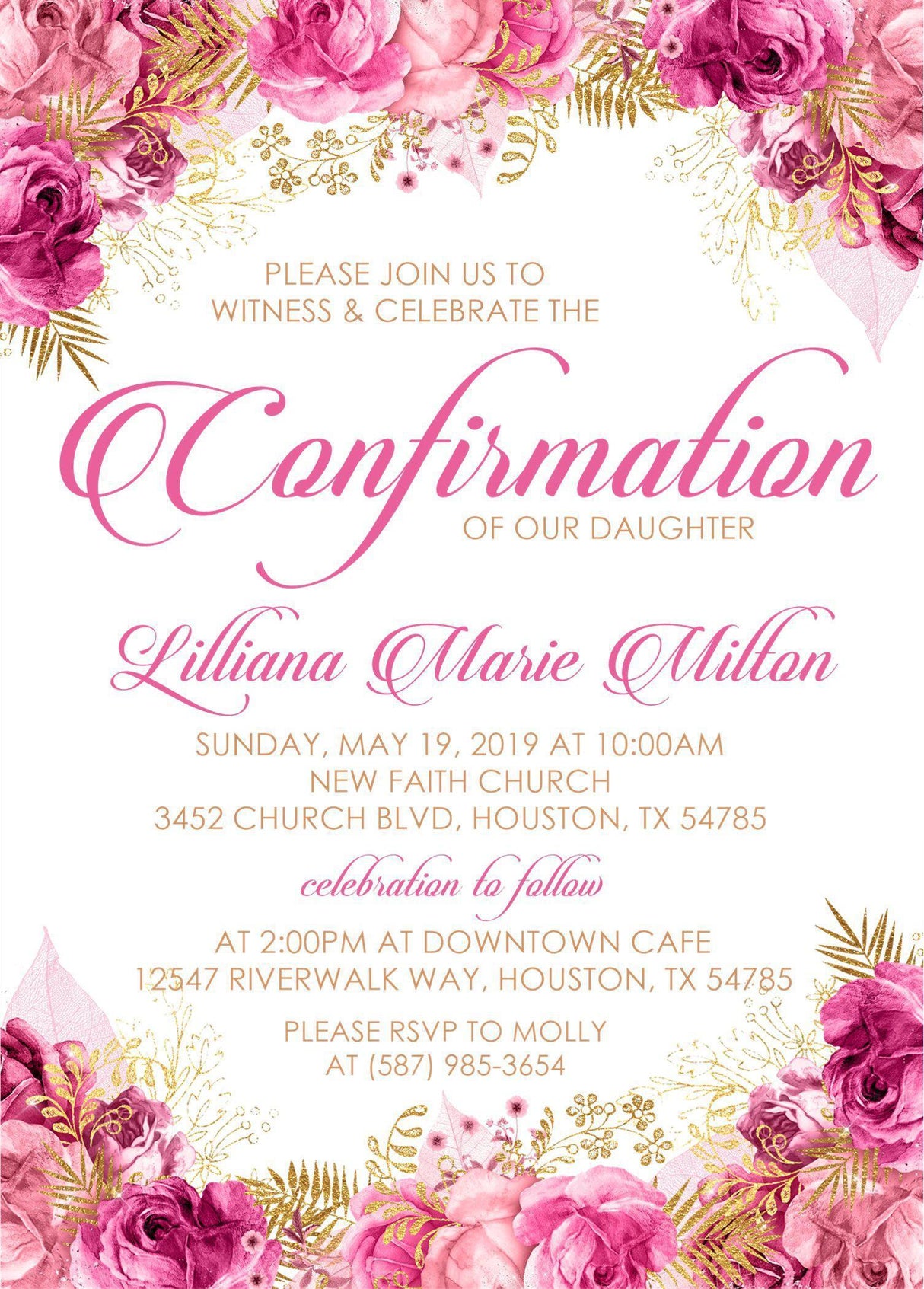 Pink and gold floral confirmation invitation for religious celebrations