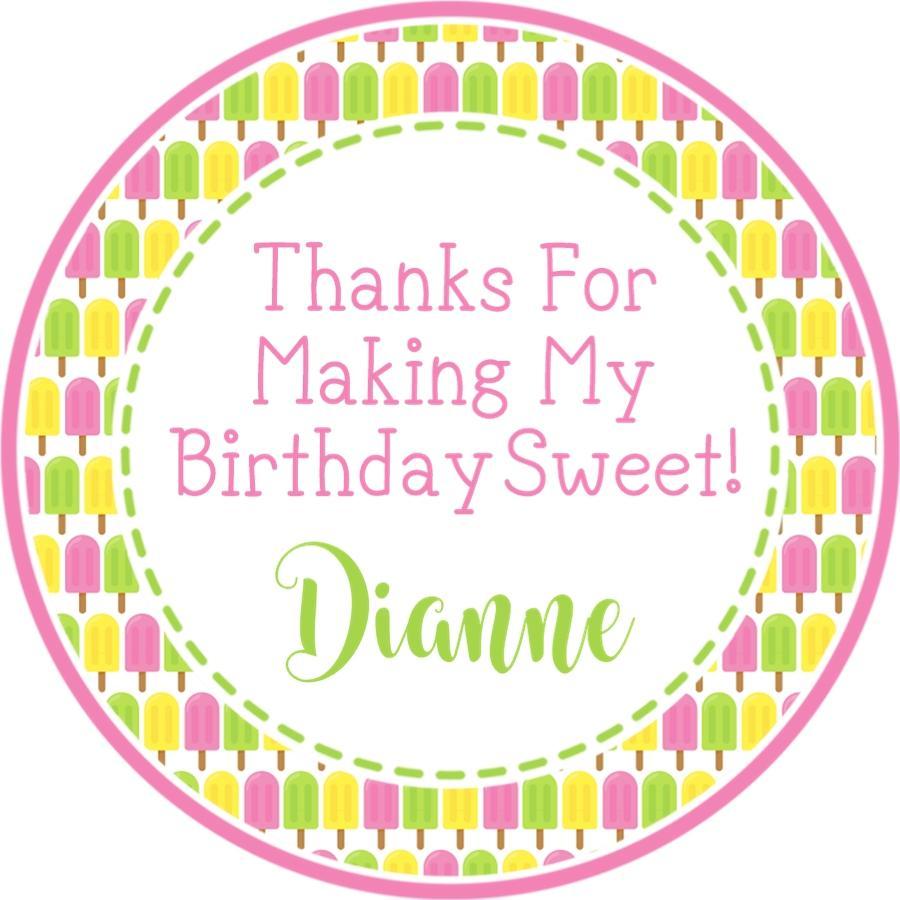 Pink and green popsicle birthday thank you sticker
