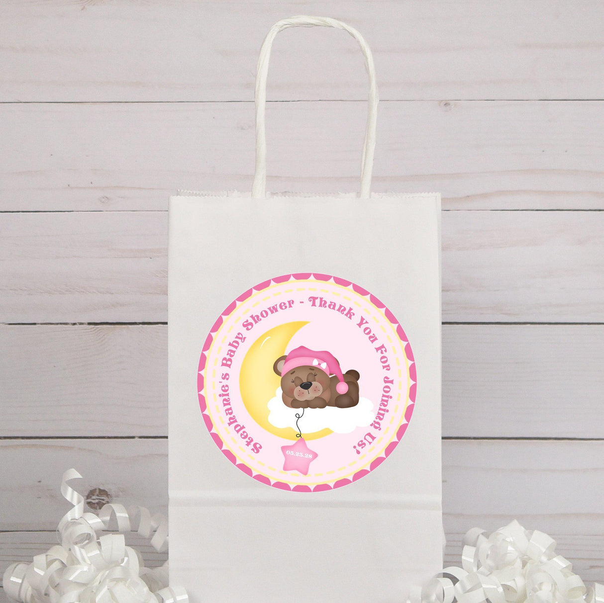 Pink bear baby shower sticker with bear on moon and star balloon