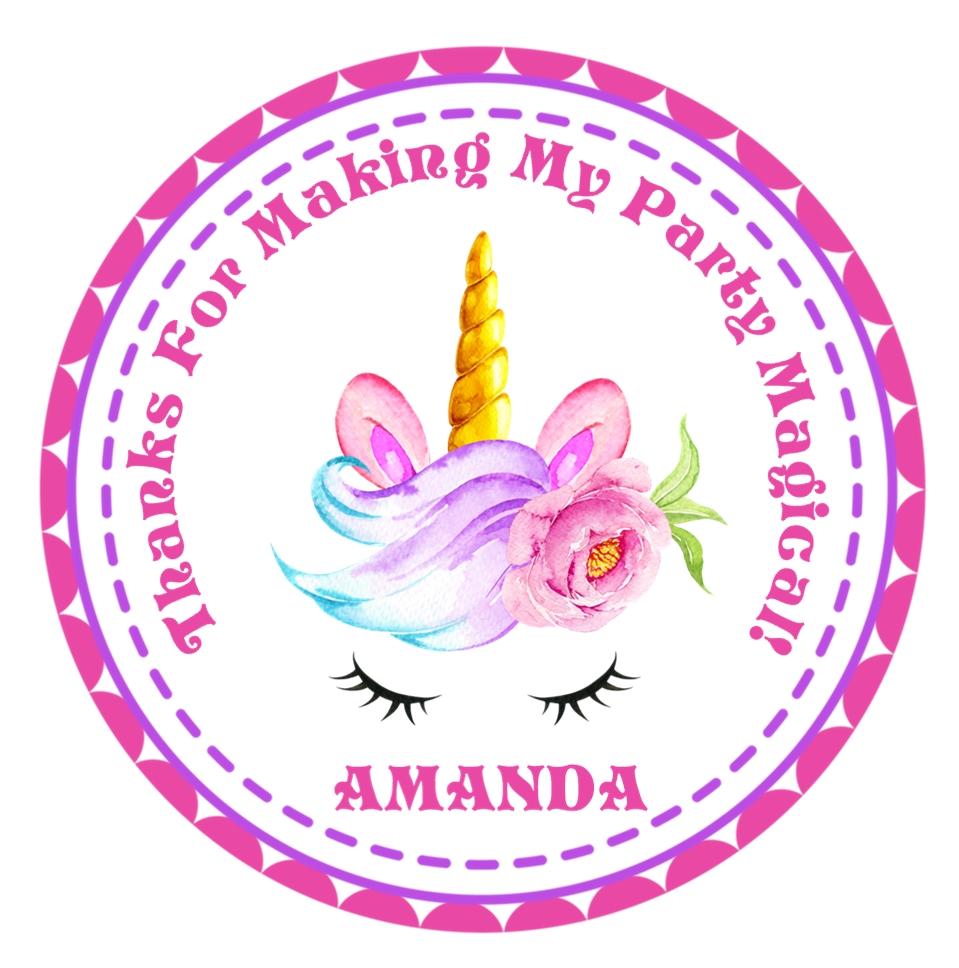 Pink floral unicorn birthday sticker with golden horn and pink mane
