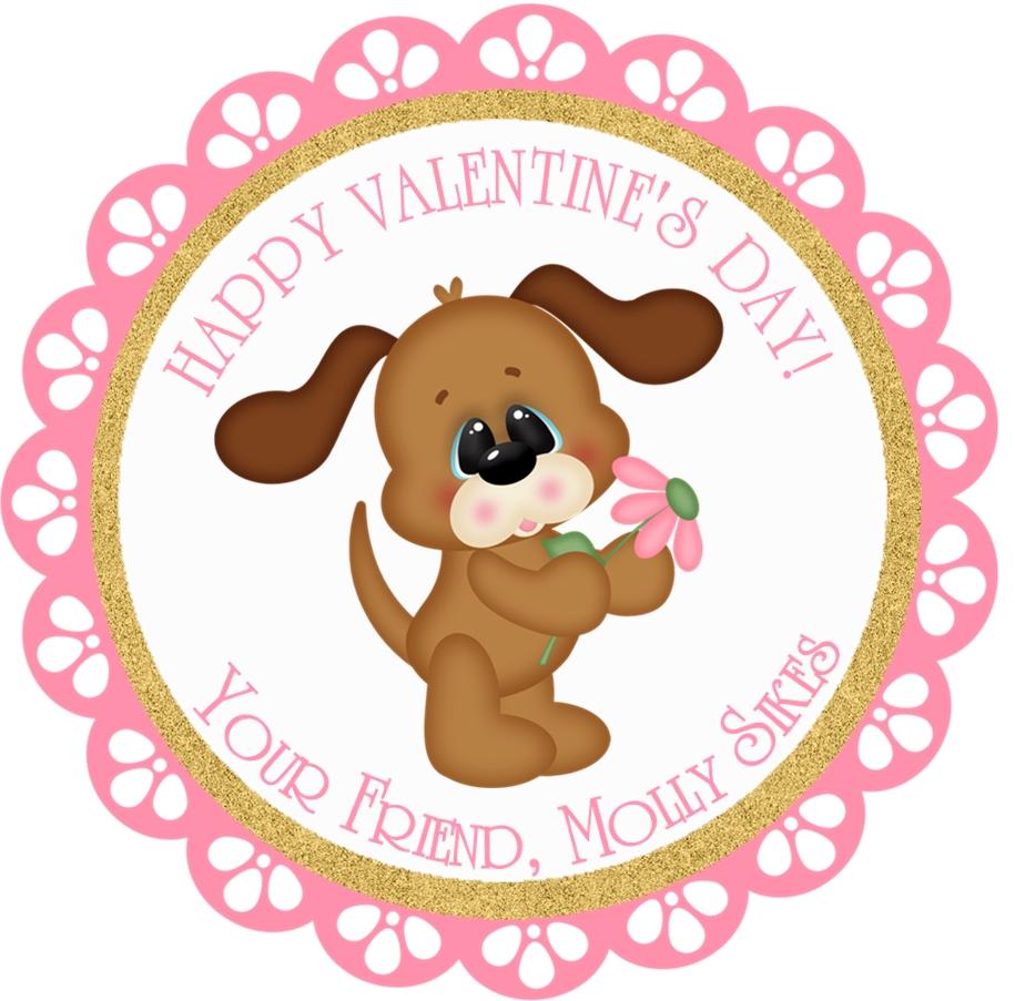 Pink flower puppy Valentine sticker personalized