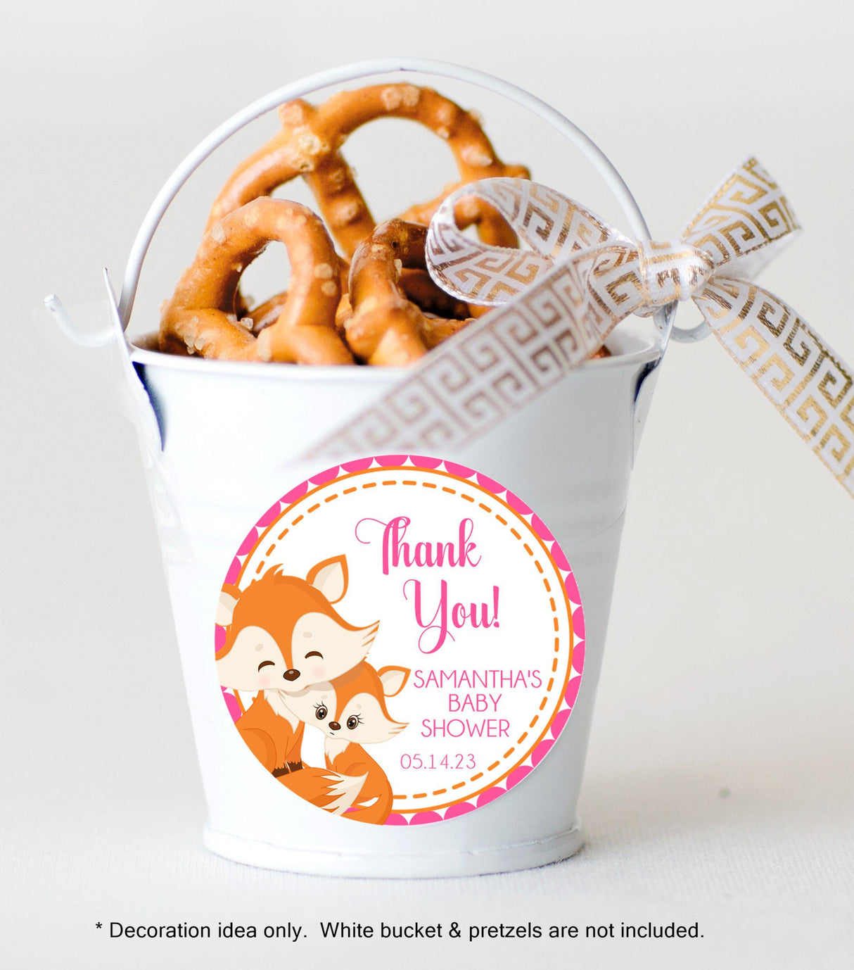 Pink fox favor label for baby shower