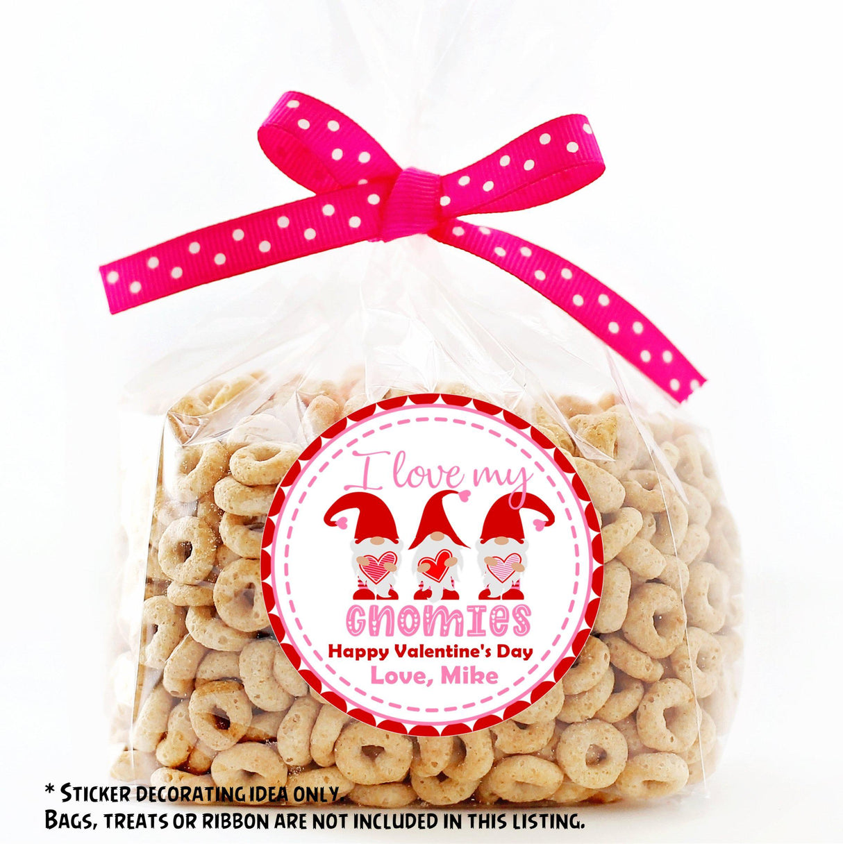 Pink gnome Valentine sticker for candy bags and party treats