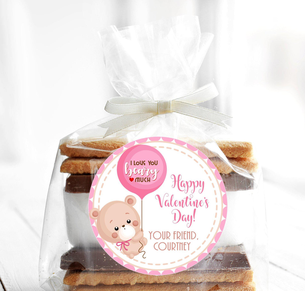 Pink heart bear Valentine sticker for school treat bags