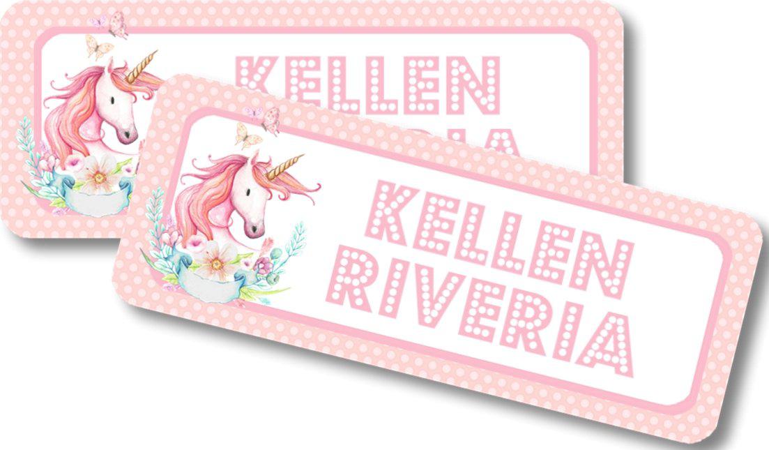 Pink pastel unicorn back to school name labels