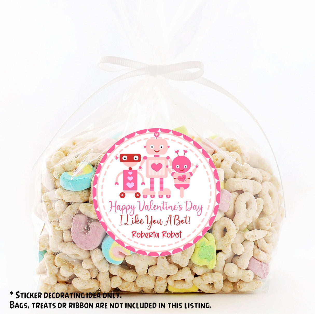 Pink robot classroom Valentine sticker for school treat bags and favors