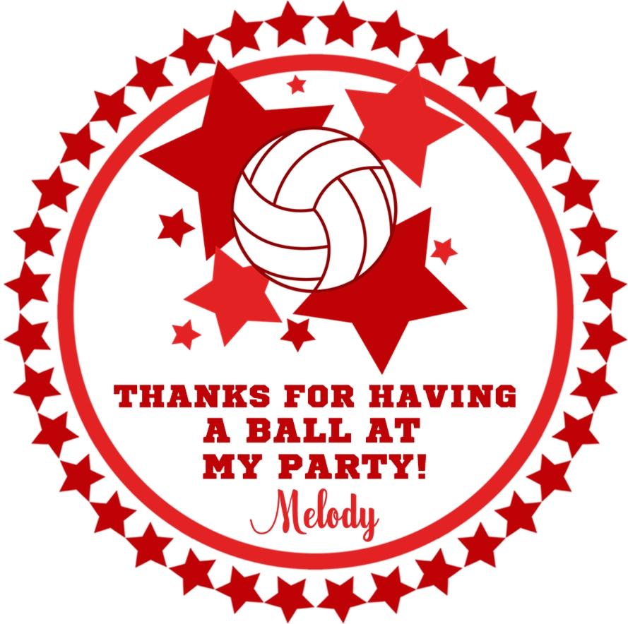 Pink volleyball birthday sticker with personalized name and star accents