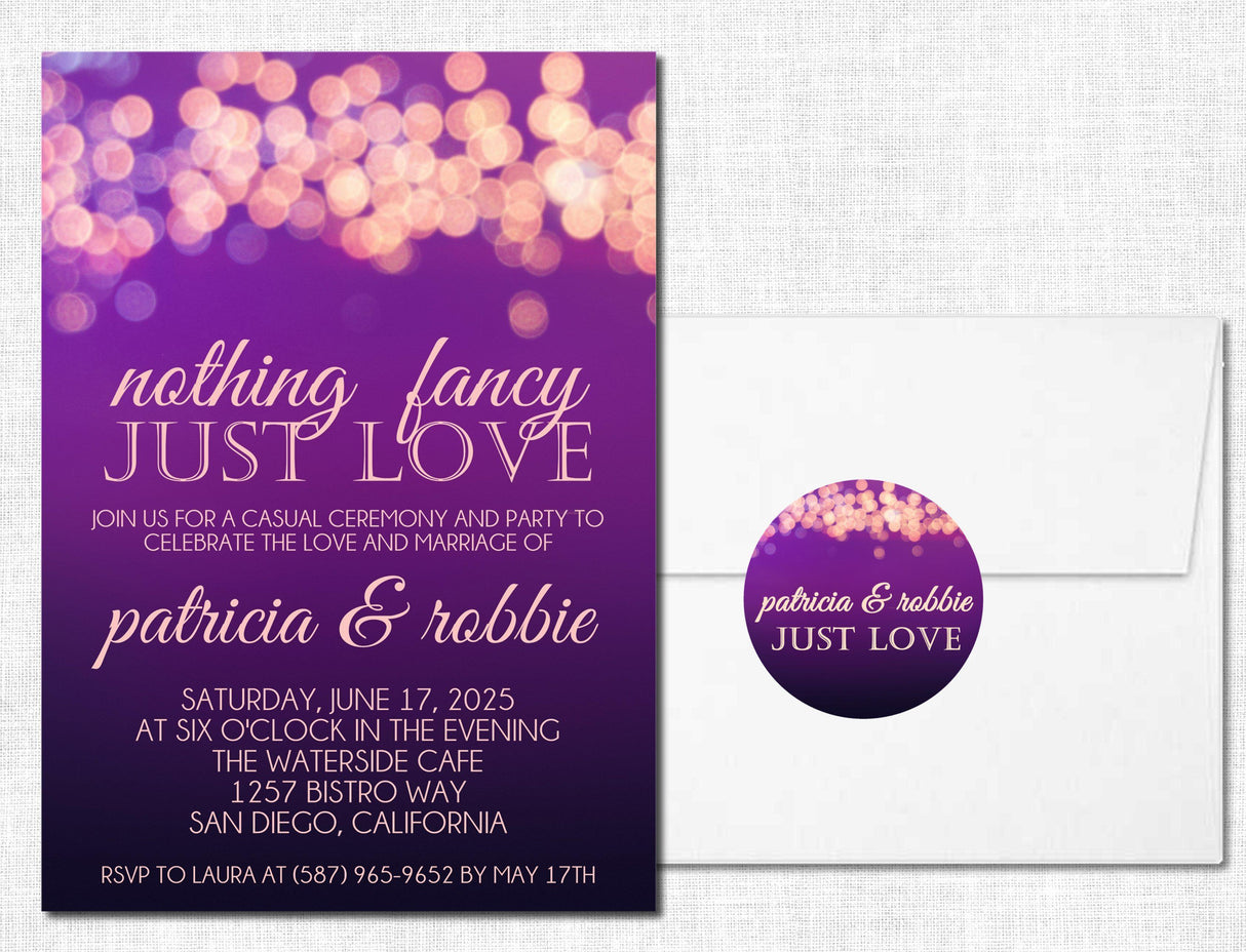 Plum wedding invitation with bistro lights and elegant wedding wording