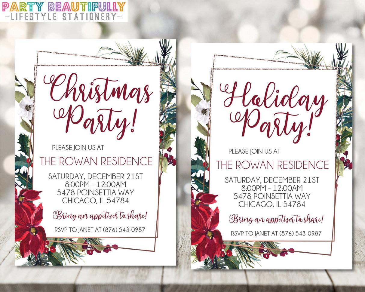 Poinsettia Christmas Or Holiday Party Invitations