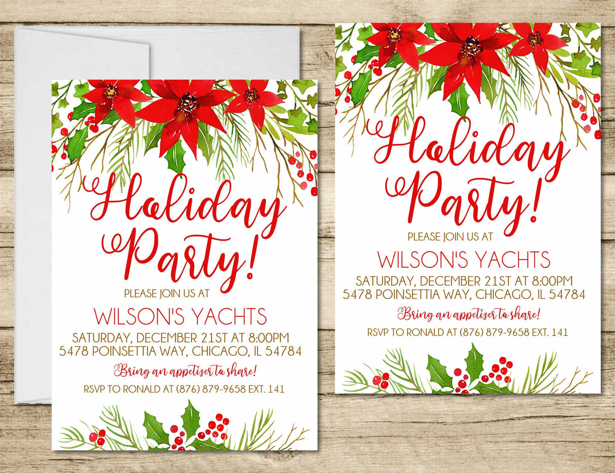 Poinsettia Christmas Or Holiday Party Invitations