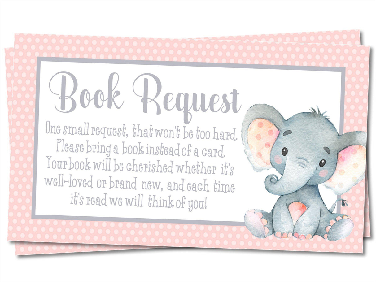 Printable Pink Elephant Baby Shower Book Request Cards