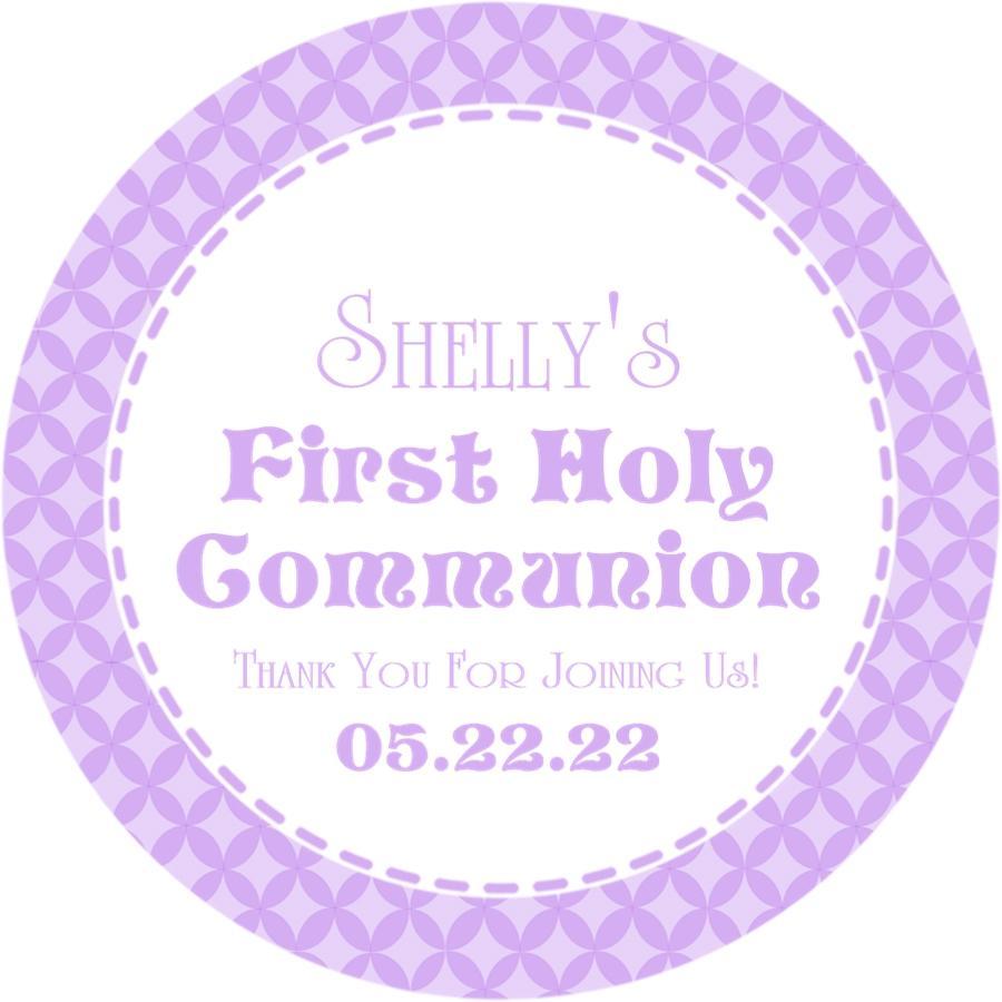 Purple First Communion sticker with name