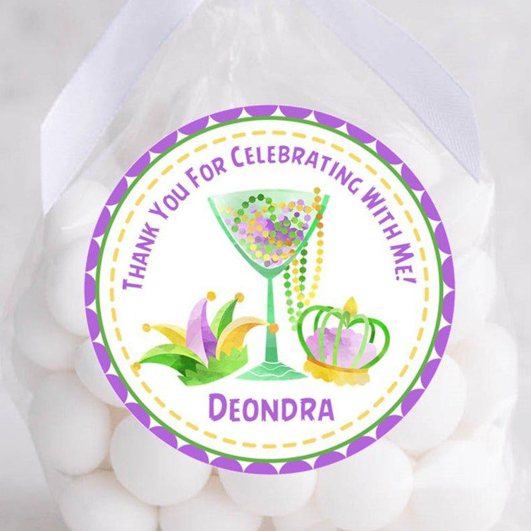 Purple Mardi Gras carnival party favor sticker