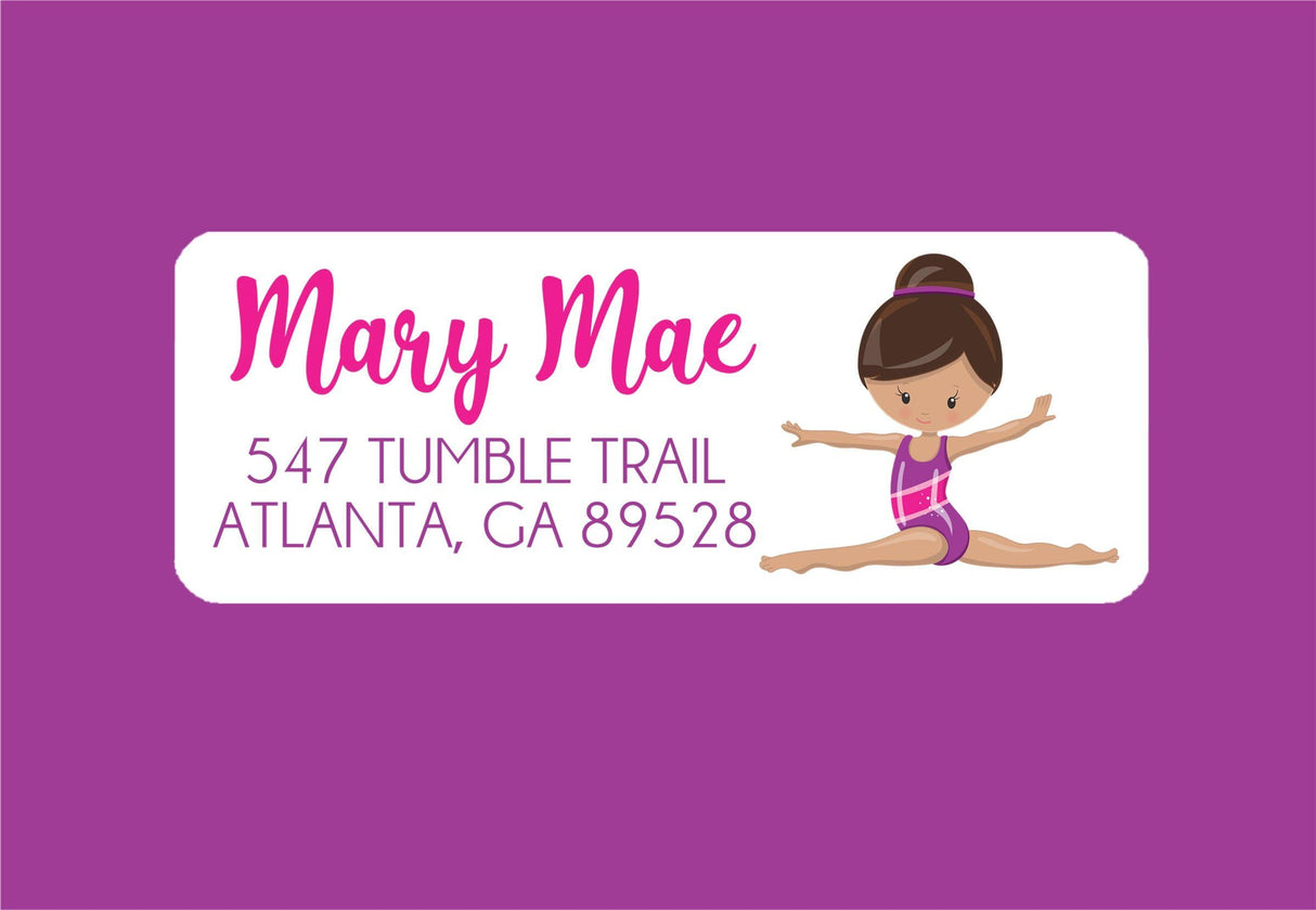 Purple gymnastics address labels with girl gymnast