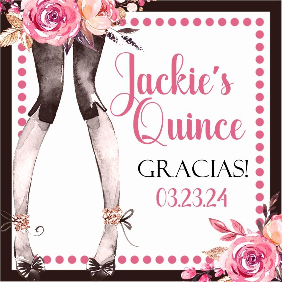 Quinceañera gracias favor labels in pink and black