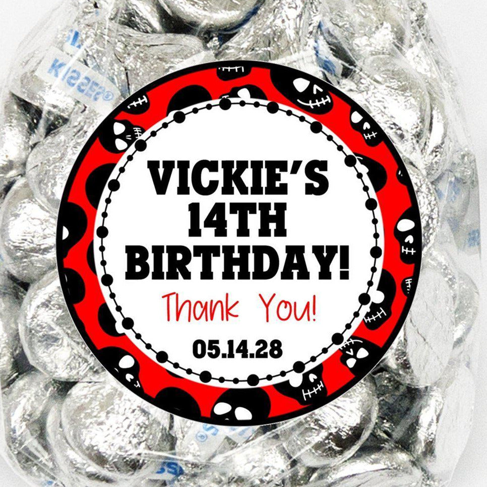 Red and black skull birthday sticker with personalized details