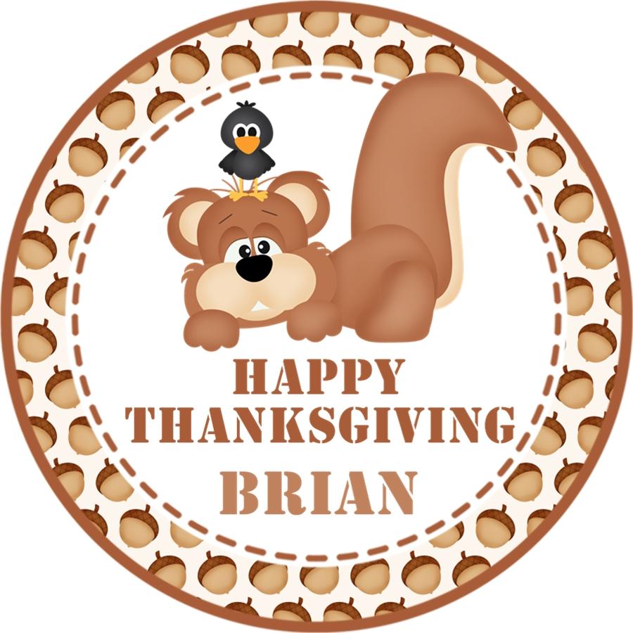 Round Thanksgiving sticker with smiling squirrel and acorn pattern border in warm brown tones