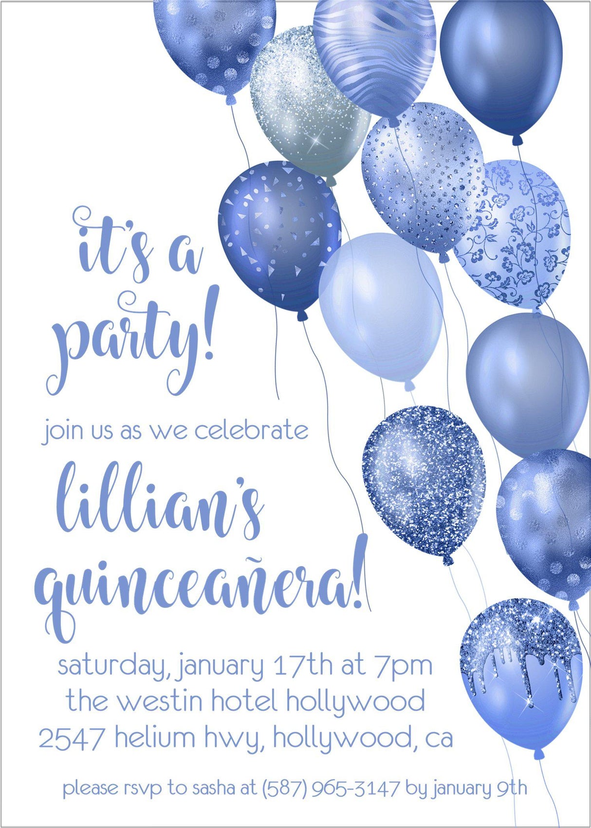 Royal blue balloon birthday party invitations
