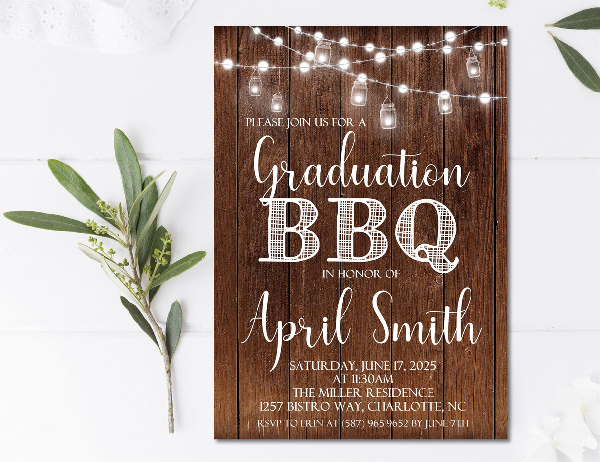 Rustic graduation BBQ invitation with wood background