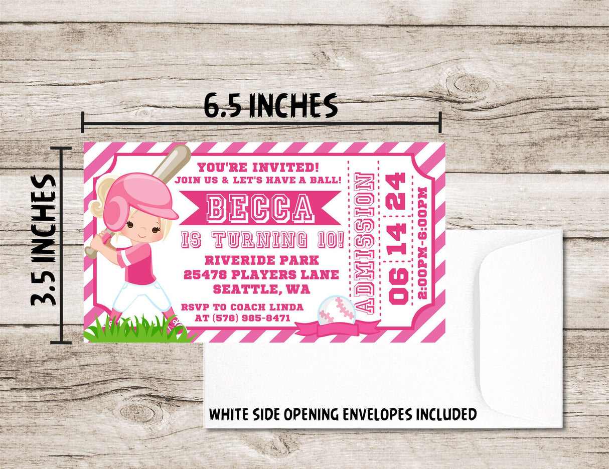 Softball Birthday Party Ticket Invitations