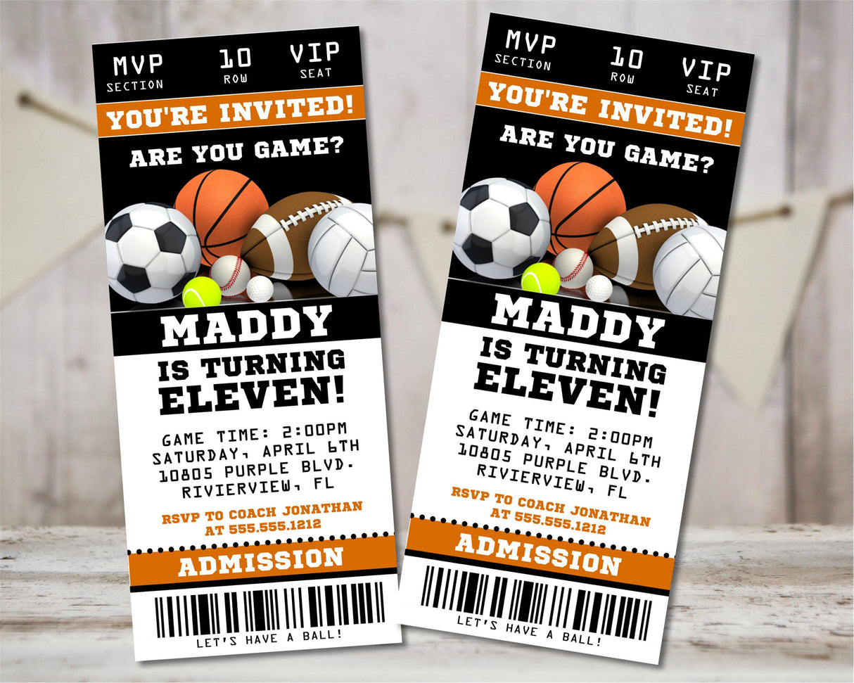 Sports themed birthday invitation with multiple sports balls and ticket style layout