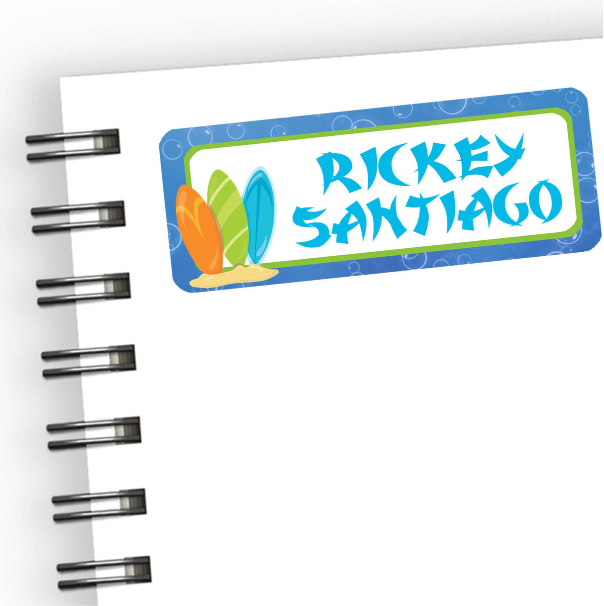 Surfboard back to school name labels in blue and green