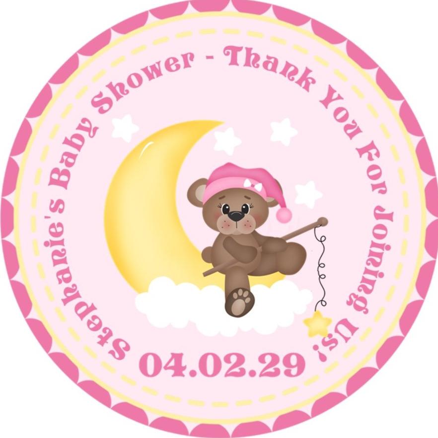 Teddy bear baby shower sticker with pink accents and moon theme