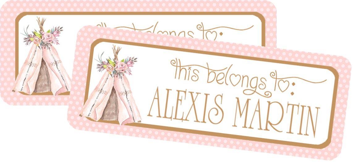 Teepee themed school supply label with soft boho design